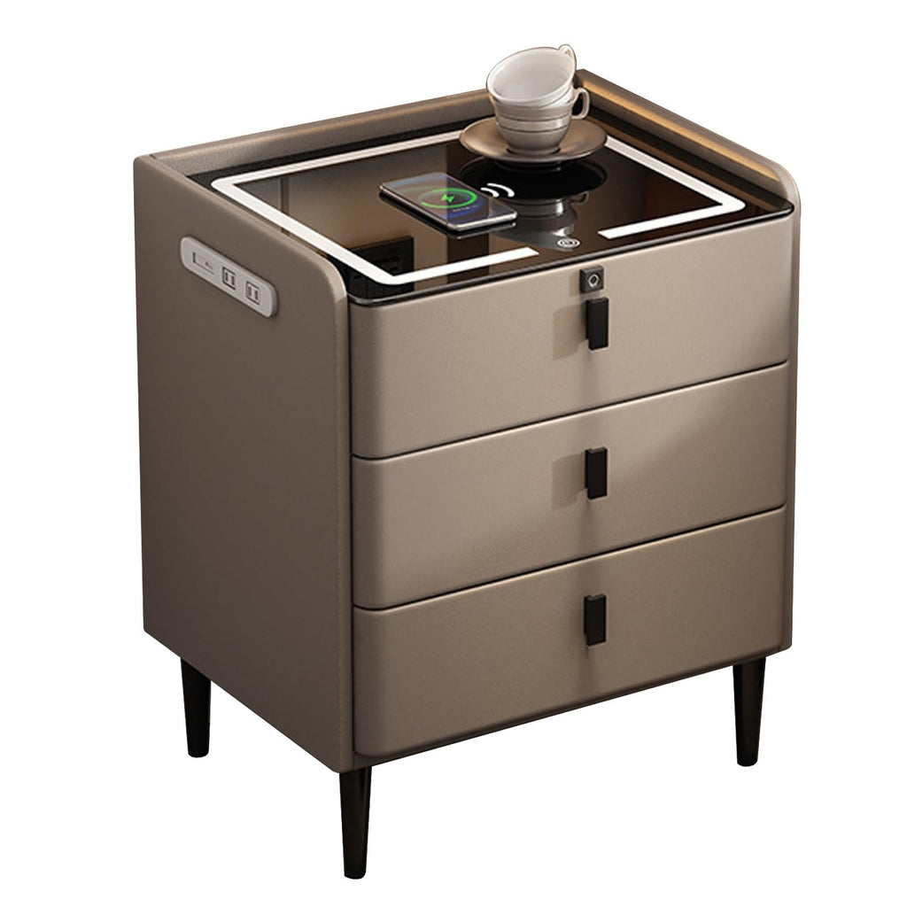 Khaki Nightstand with Wireless Charging Station and 3 Drawers K956