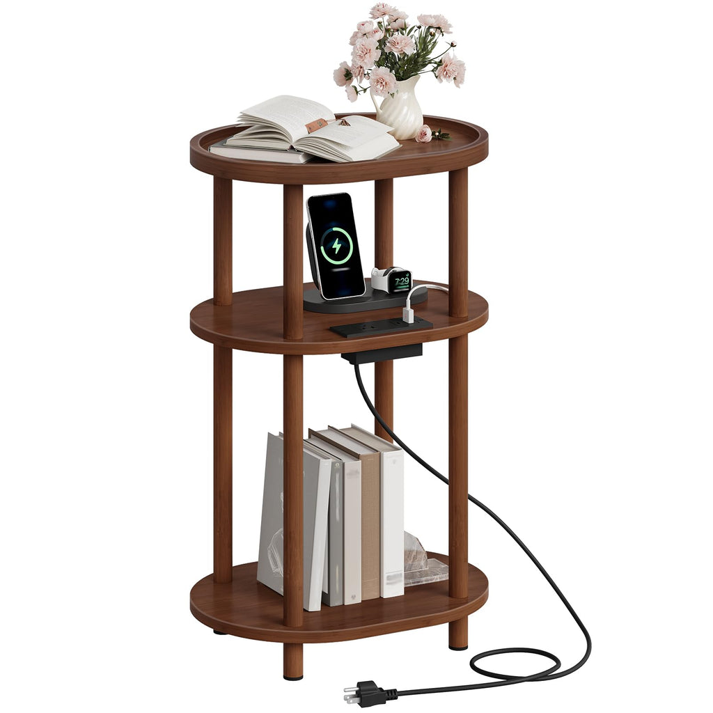 3-Tier Oval Bamboo Side Table with Charging Station P616