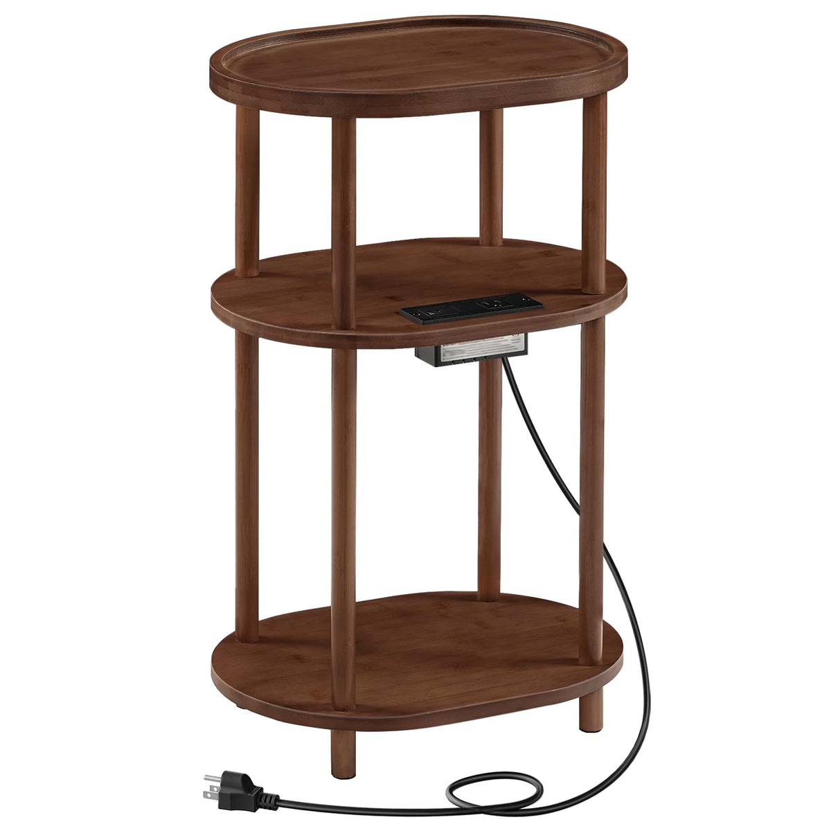 3-Tier Oval Bamboo Side Table with Charging Station P616