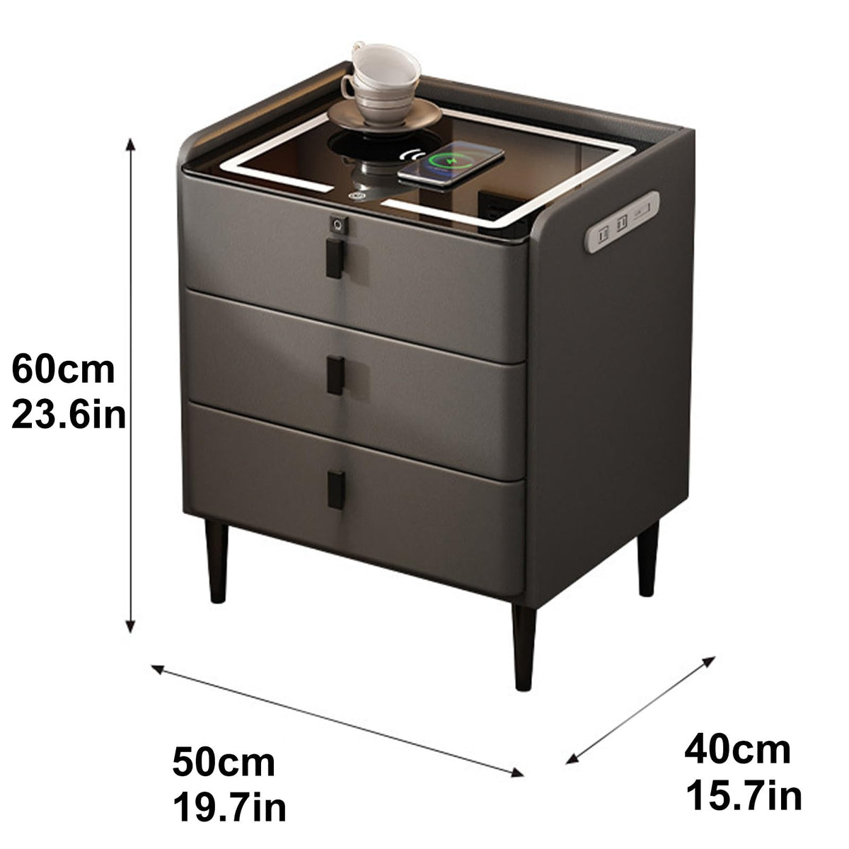 Khaki Nightstand with Wireless Charging Station and 3 Drawers K956