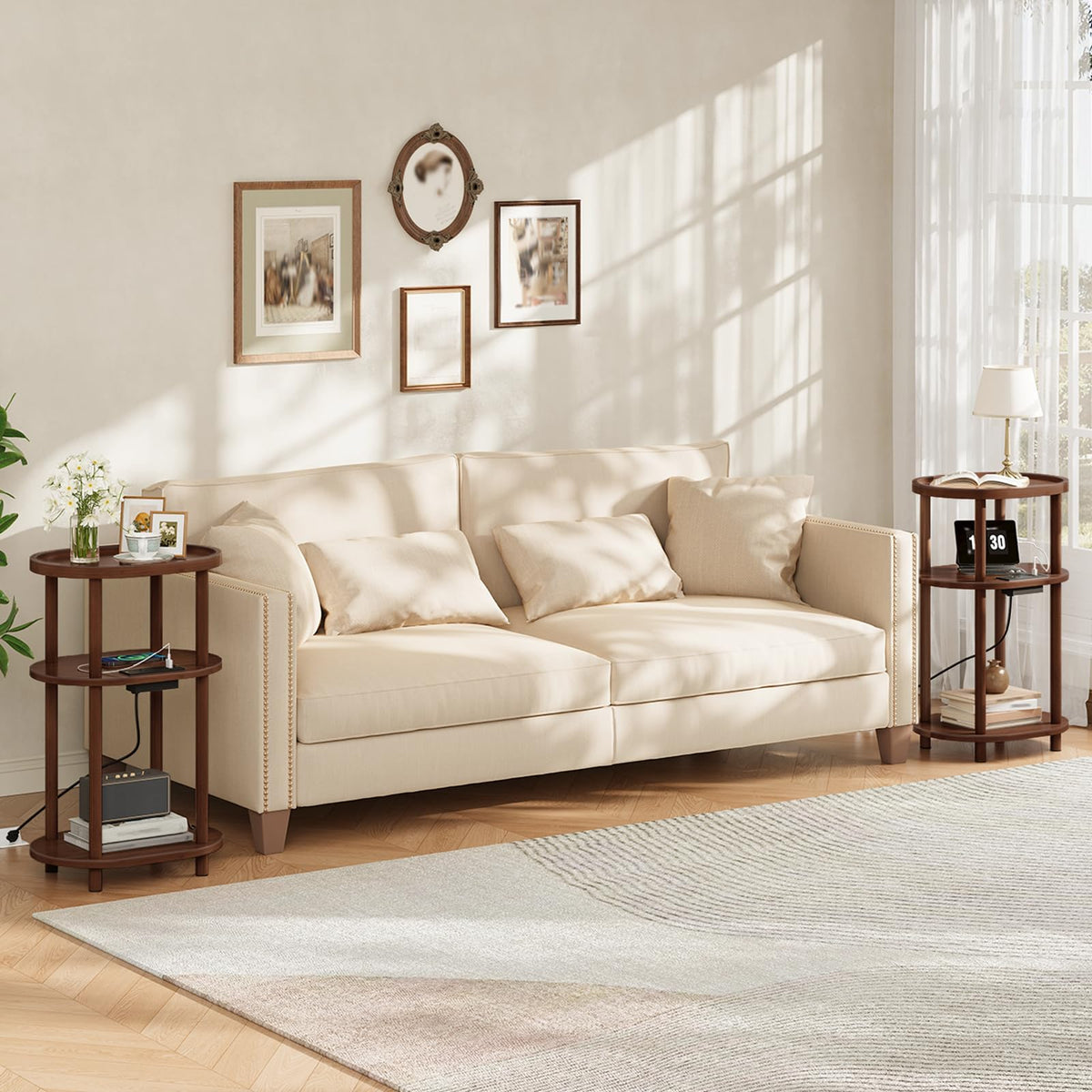 3-Tier Oval Bamboo Side Table with Charging Station P616