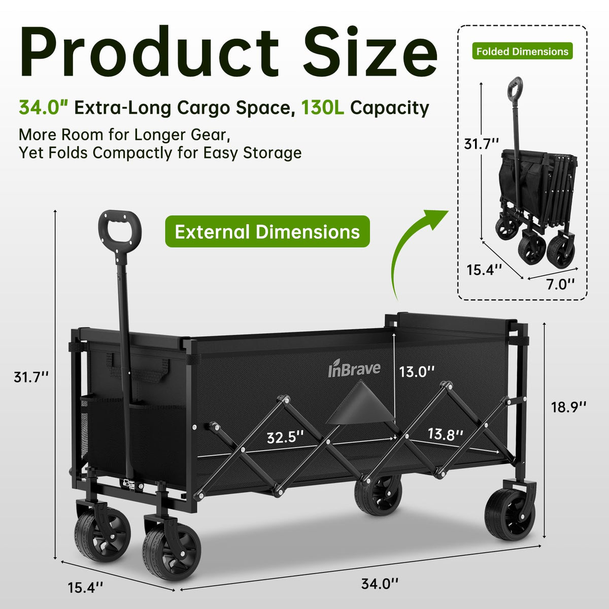 34" Extra Long Collapsible Wagon Cart, 360LBS Capacity, Black J875285
