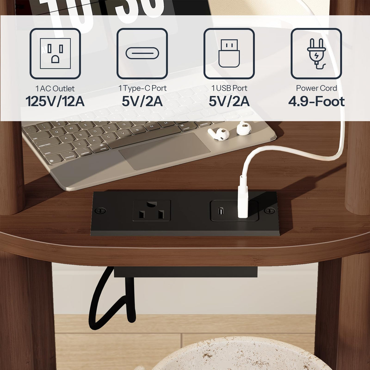 3-Tier Oval Bamboo Side Table with Charging Station P616