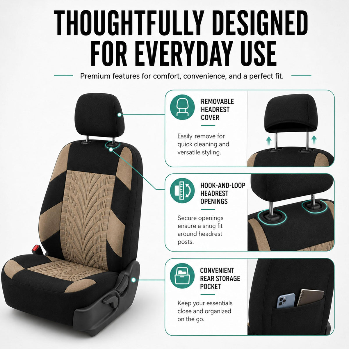 Beige Cloth Car Seat Covers Full Set D1300