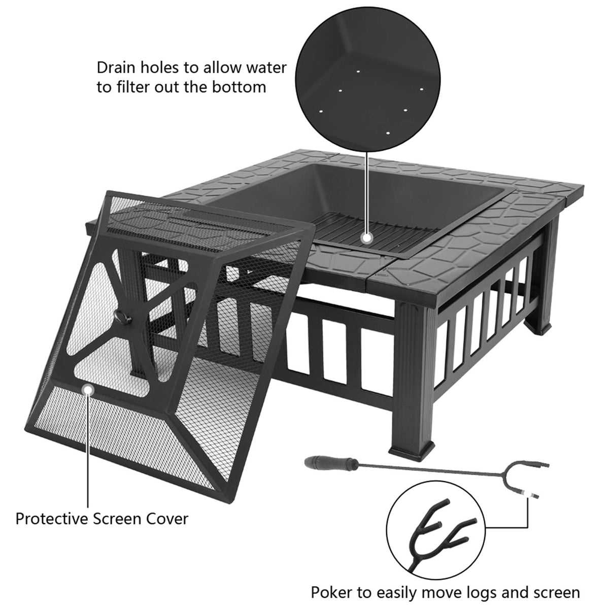 32in Square Metal Fire Pit Table F145851