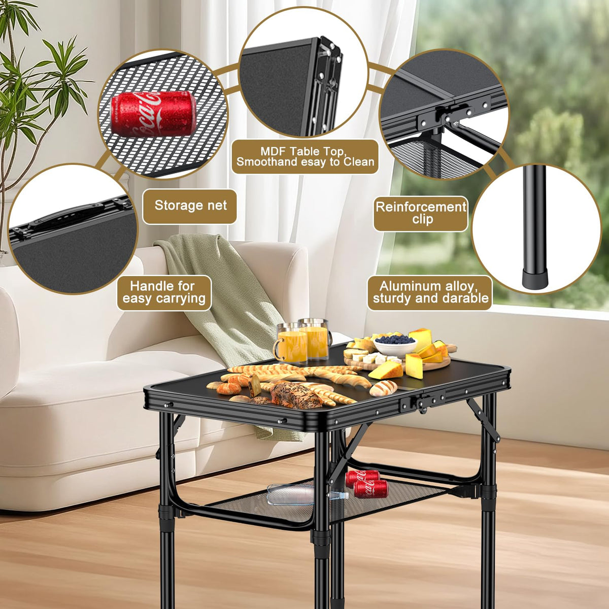2 FT Folding Camping Table with 3 Adjustable Height S525004