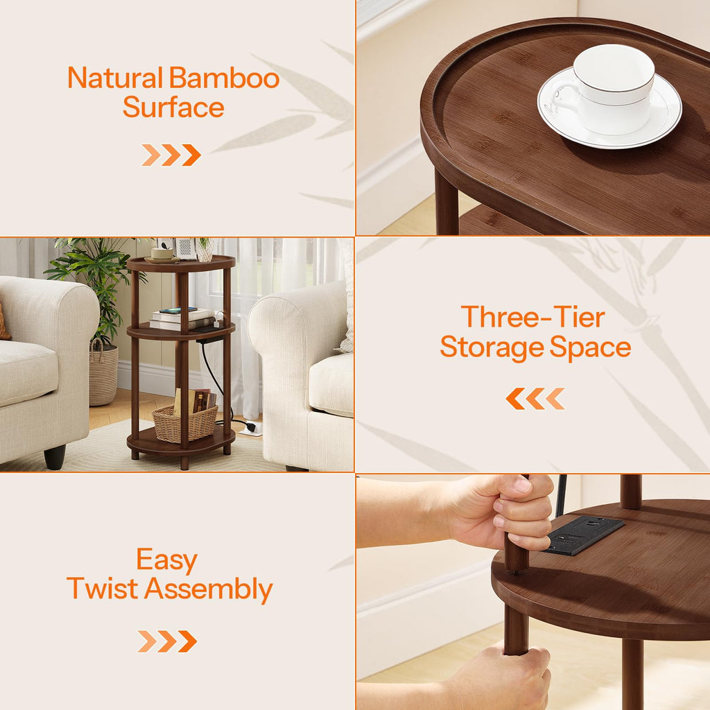 3-Tier Oval Bamboo Side Table with Charging Station P616