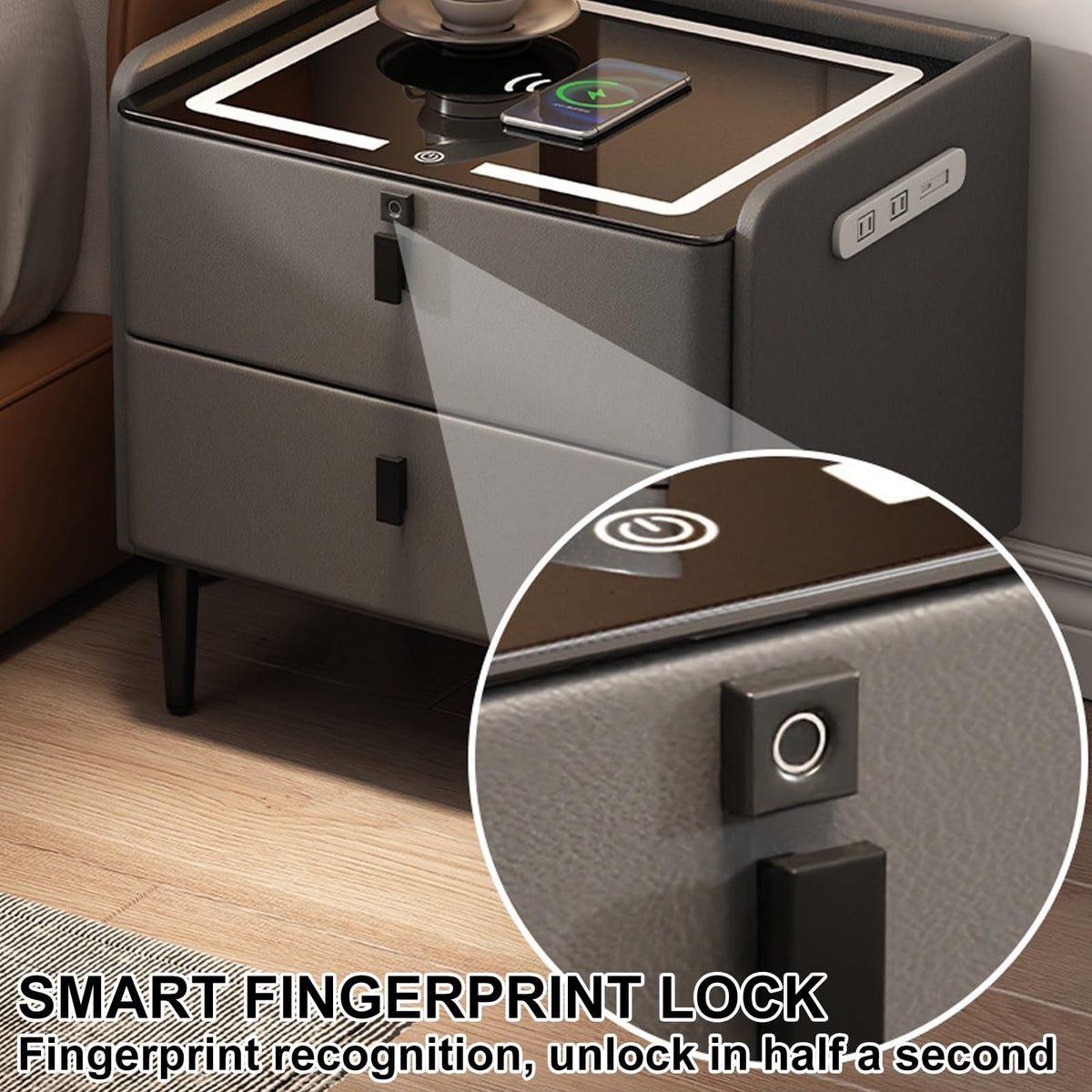 Khaki Nightstand with Wireless Charging Station and 3 Drawers K956