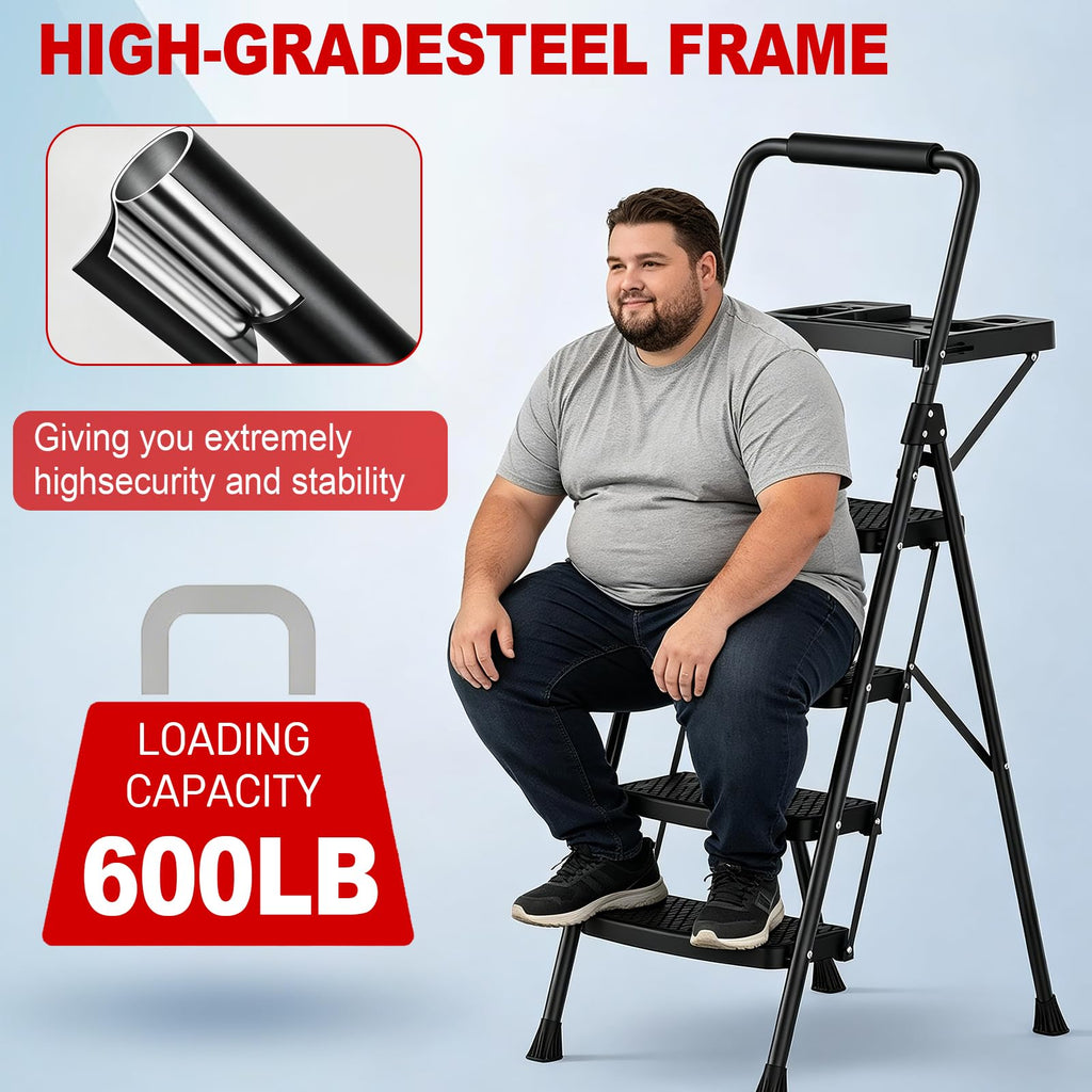 4 Step Steel Ladder with Tool Tray and Handrails N32178