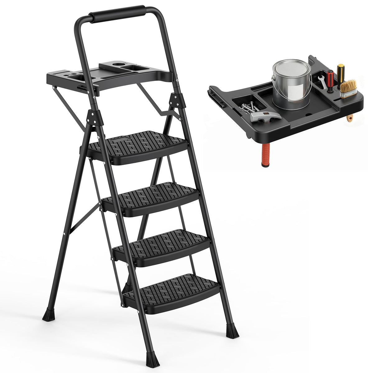4 Step Steel Ladder with Tool Tray and Handrails N32178