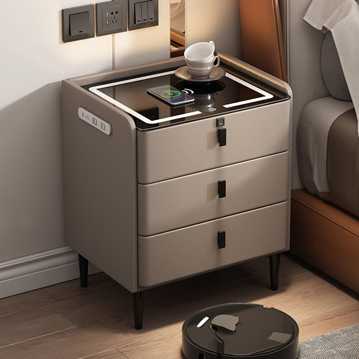 Khaki Nightstand with Wireless Charging Station and 3 Drawers K956