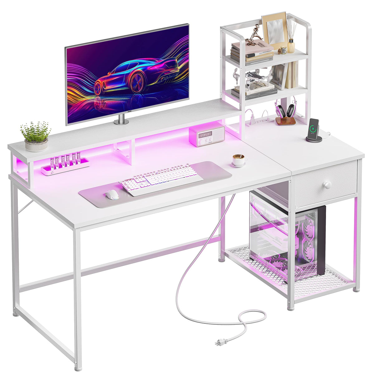 44" White Gaming Desk with Hutch & Shelves G40758