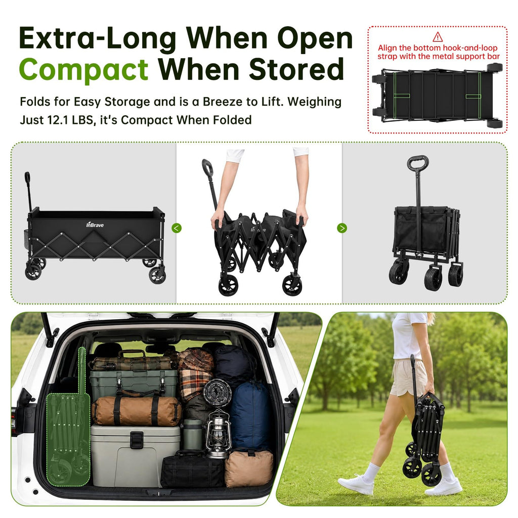34" Extra Long Collapsible Wagon Cart, 360LBS Capacity, Black J875285