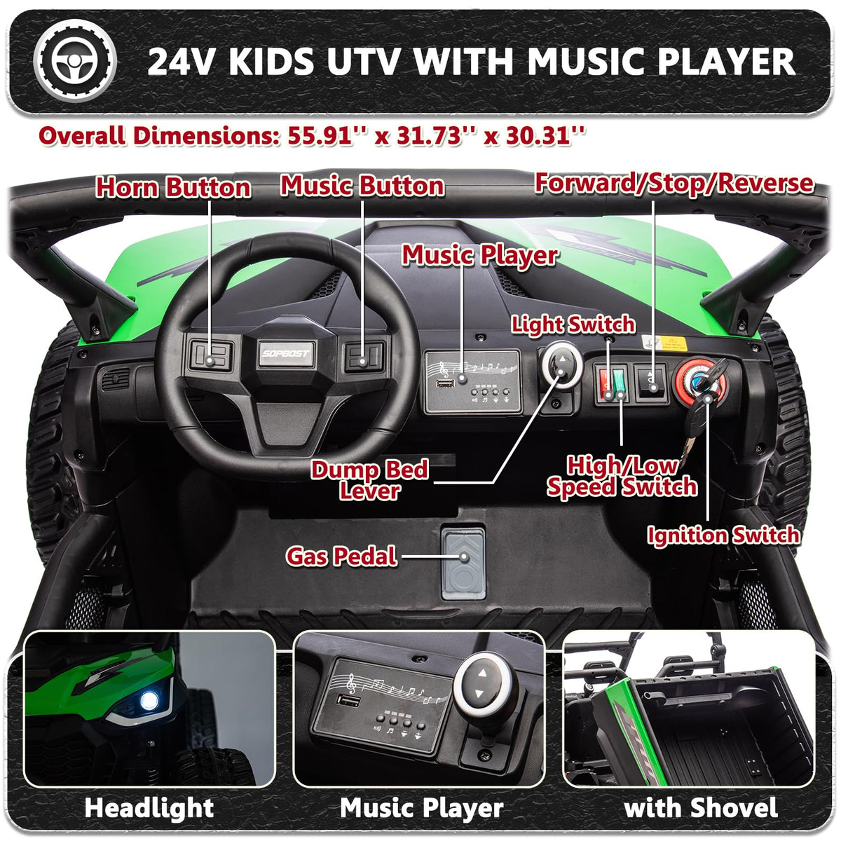 2 Seater 24V 10Ah Ride On Dump Truck with EVA Tires, Green S410