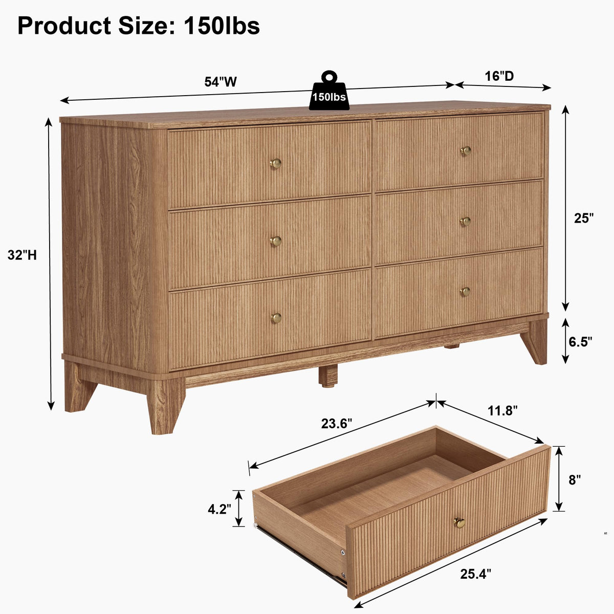 Fluted 6 Drawer Wood Dresser I51605