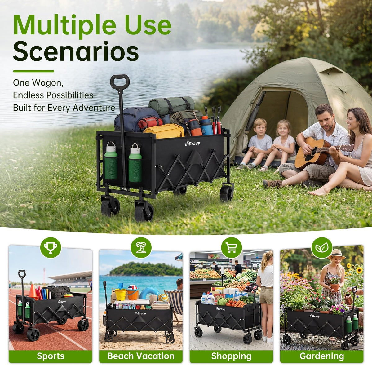 34" Extra Long Collapsible Wagon Cart, 360LBS Capacity, Black J875285