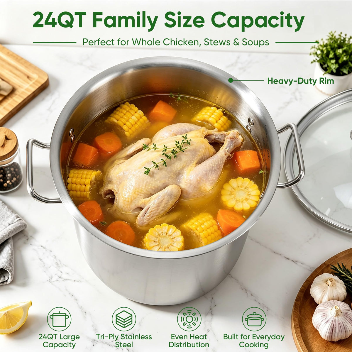 24 Quart Tri-Ply Stainless Steel Stock Pot with Lid H834352