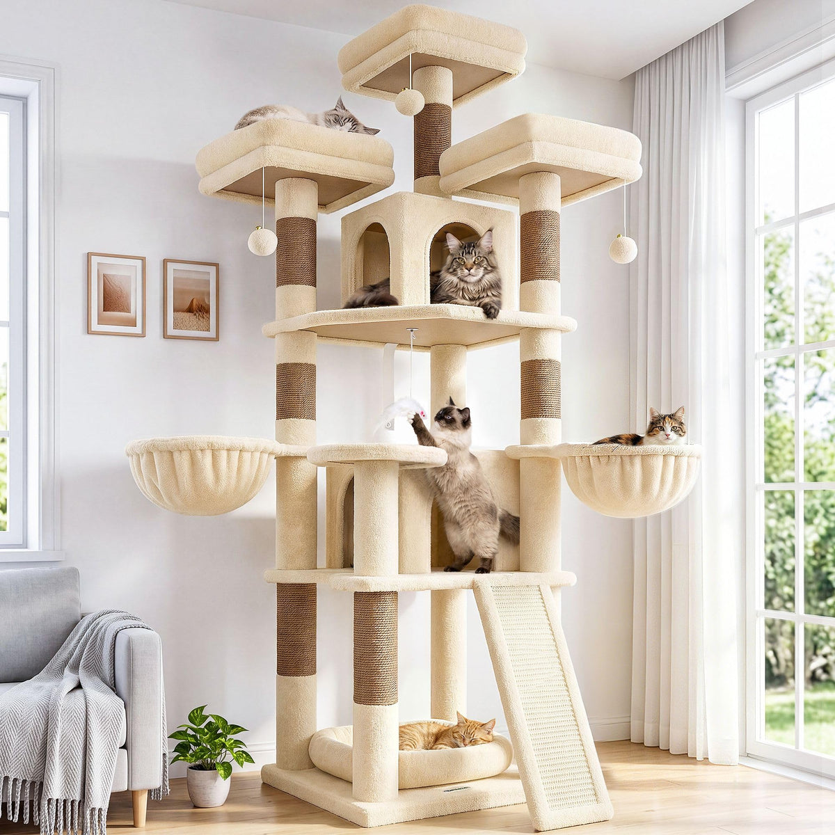 70 Inch Beige Cat Tower with Scratching Post G321