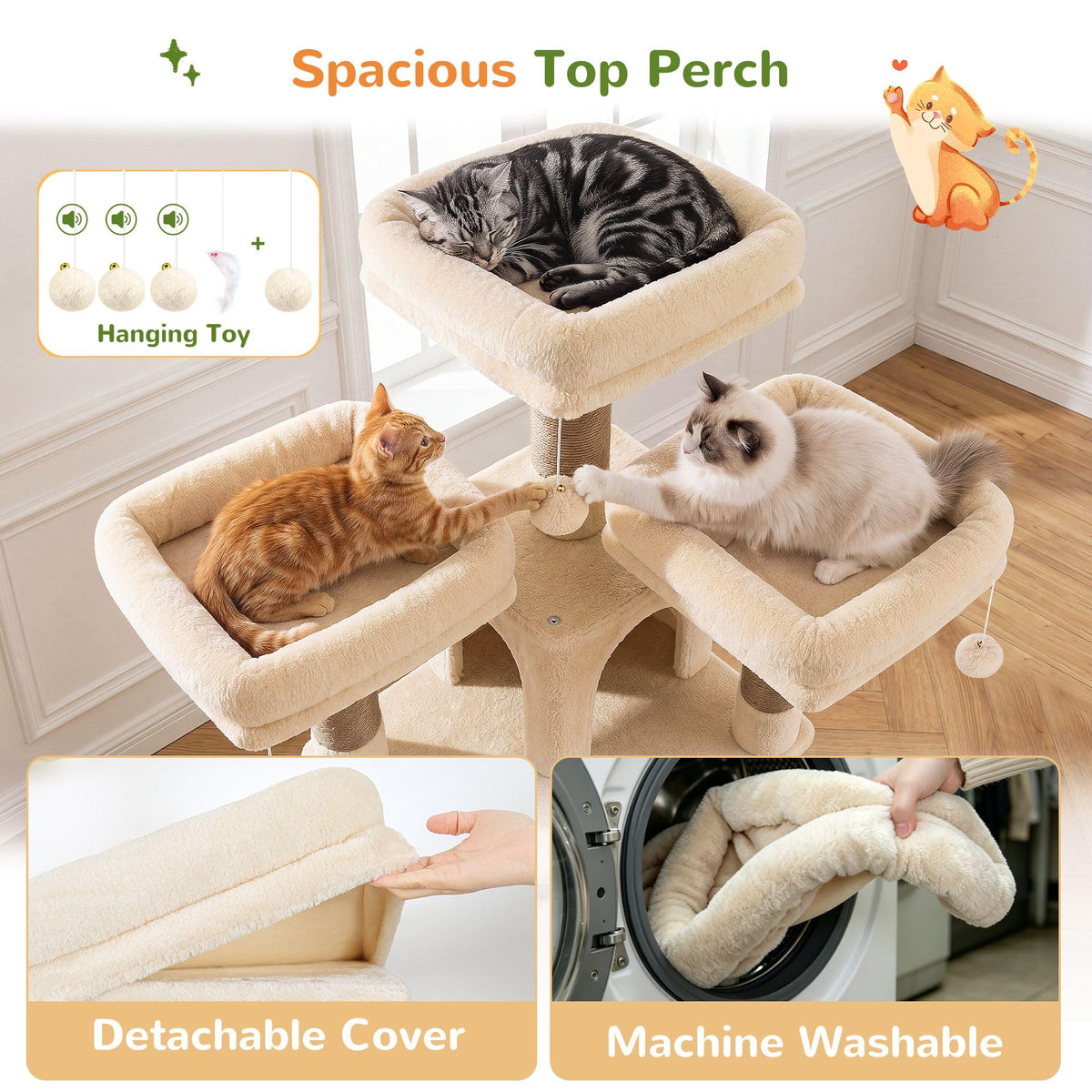 70 Inch Beige Cat Tower with Scratching Post G321