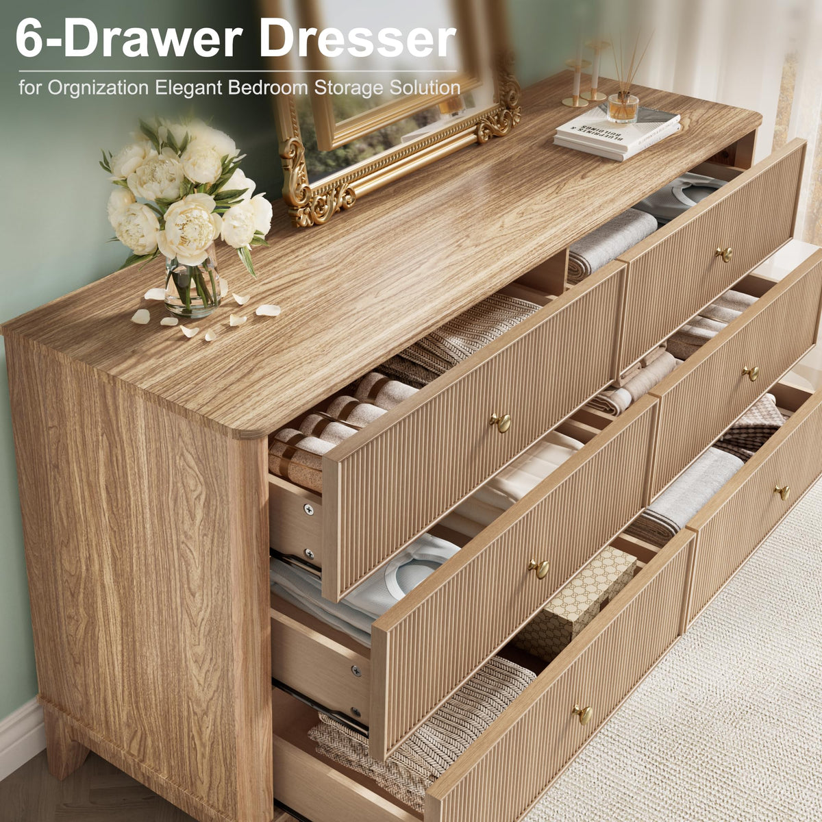 Fluted 6 Drawer Wood Dresser I51605